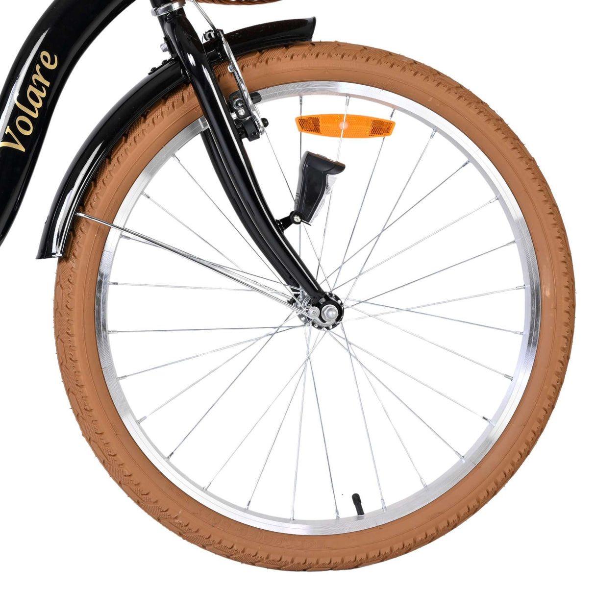 Schwarzes Fahrrad mit braunem Reifen und reflektierendem Element