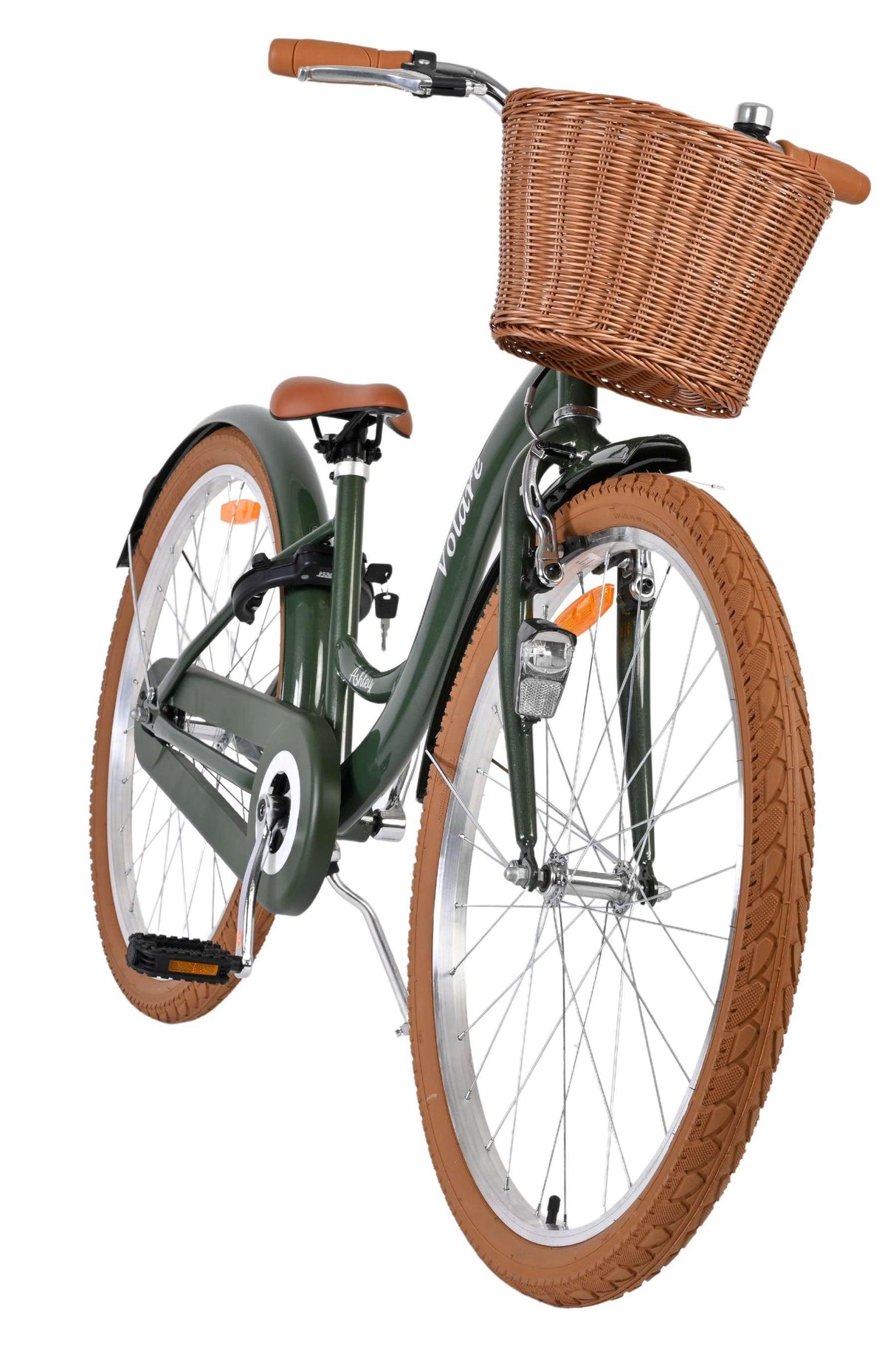 Damenfahrrad mit Korb, braunen Reifen und grünem Rahmen