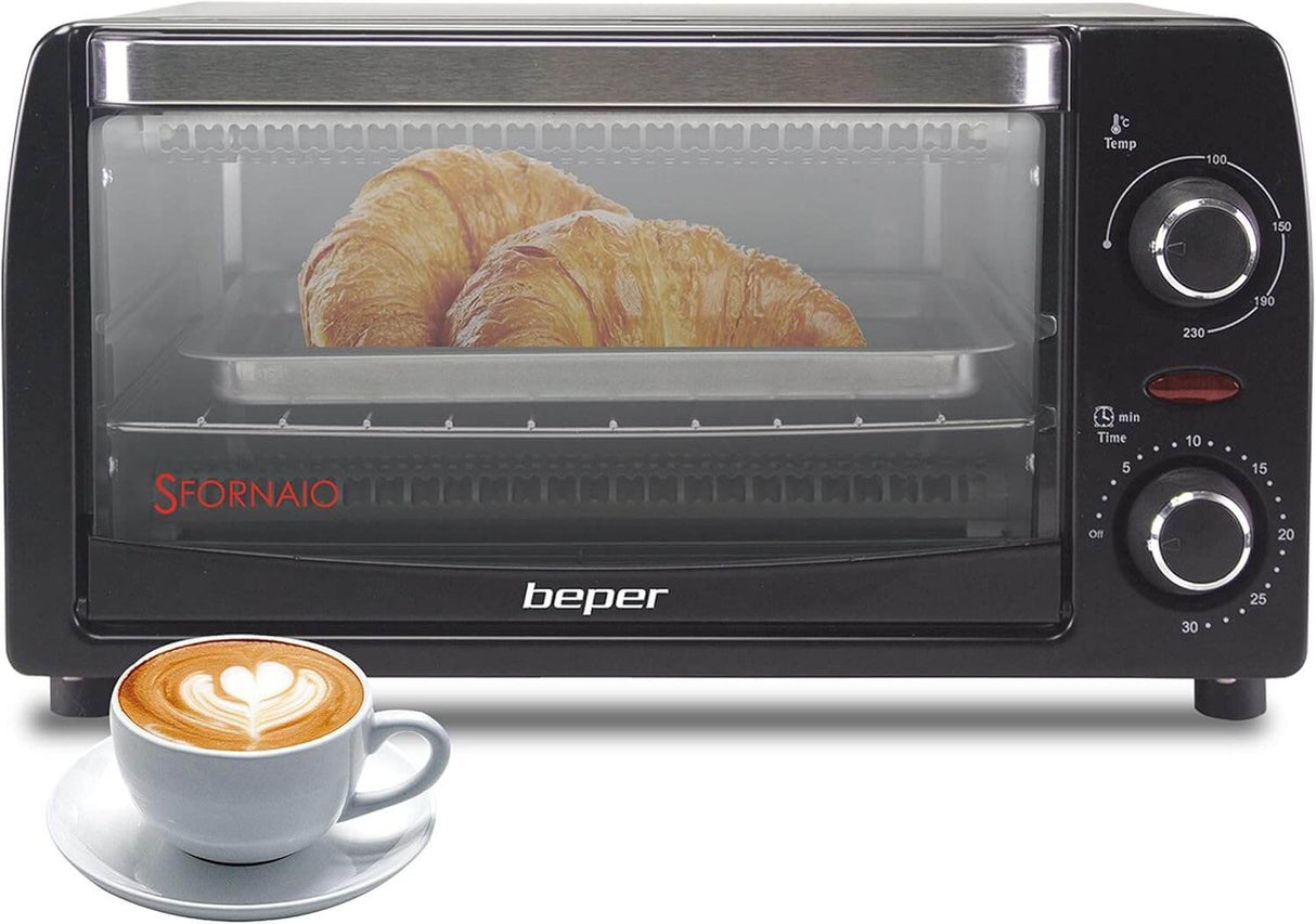 Beper 90.882 Elektrischer Mini-Ofen 12 L mit Quarz-Heizelementen, Timer und Temperaturregelung bis 230 °C, 1050 W