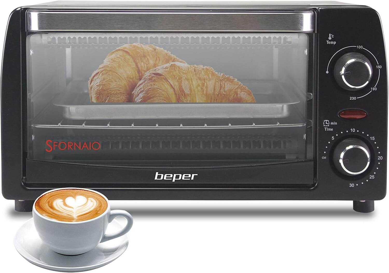 Beper 90.882 Elektrischer Mini-Ofen 12 L mit Quarz-Heizelementen, Timer und Temperaturregelung bis 230 °C, 1050 W