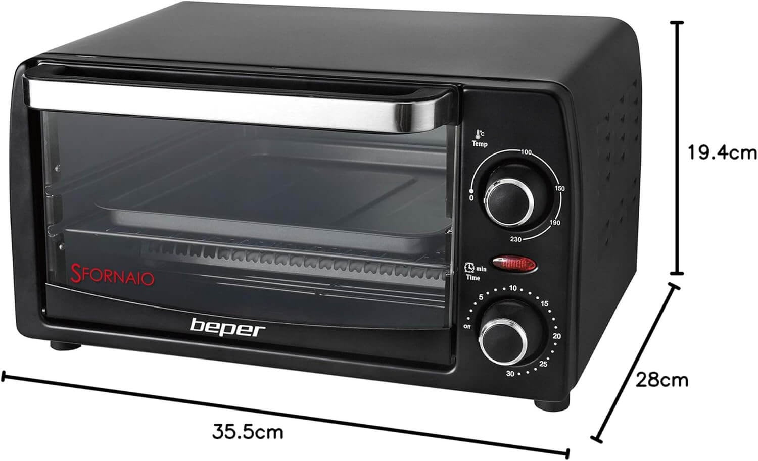 Beper 90.882 Elektrischer Mini-Ofen 12 L mit Quarz-Heizelementen, Timer und Temperaturregelung bis 230 °C, 1050 W