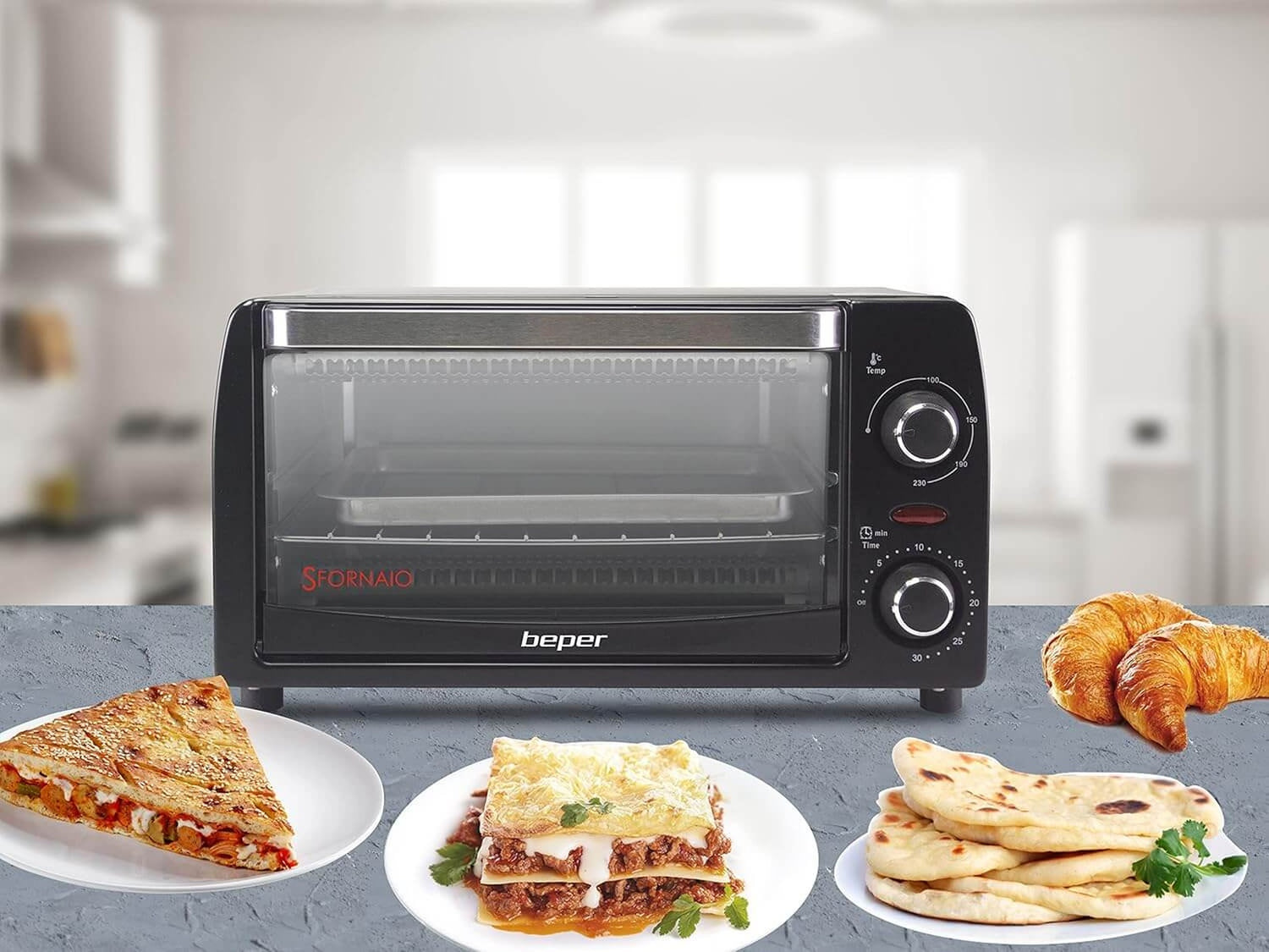 Beper 90.882 Elektrischer Mini-Ofen 12 L mit Quarz-Heizelementen, Timer und Temperaturregelung bis 230 °C, 1050 W