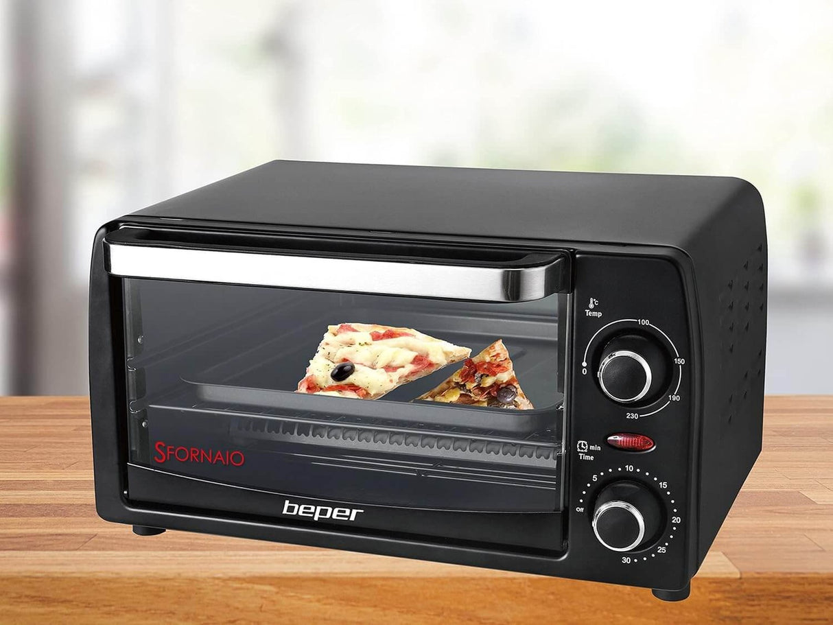 Beper 90.882 Elektrischer Mini-Ofen 12 L mit Quarz-Heizelementen, Timer und Temperaturregelung bis 230 °C, 1050 W