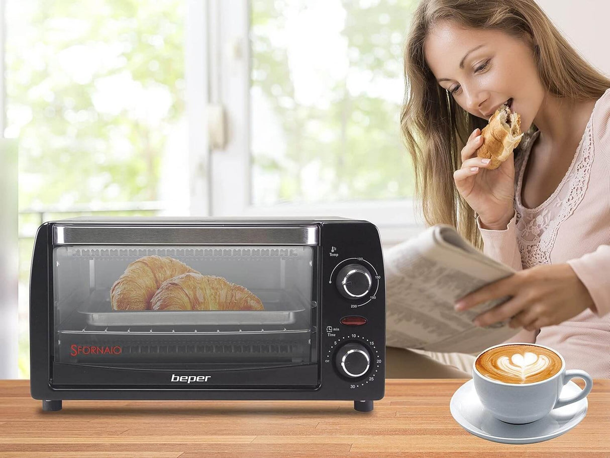 Beper 90.882 Elektrischer Mini-Ofen 12 L mit Quarz-Heizelementen, Timer und Temperaturregelung bis 230 °C, 1050 W
