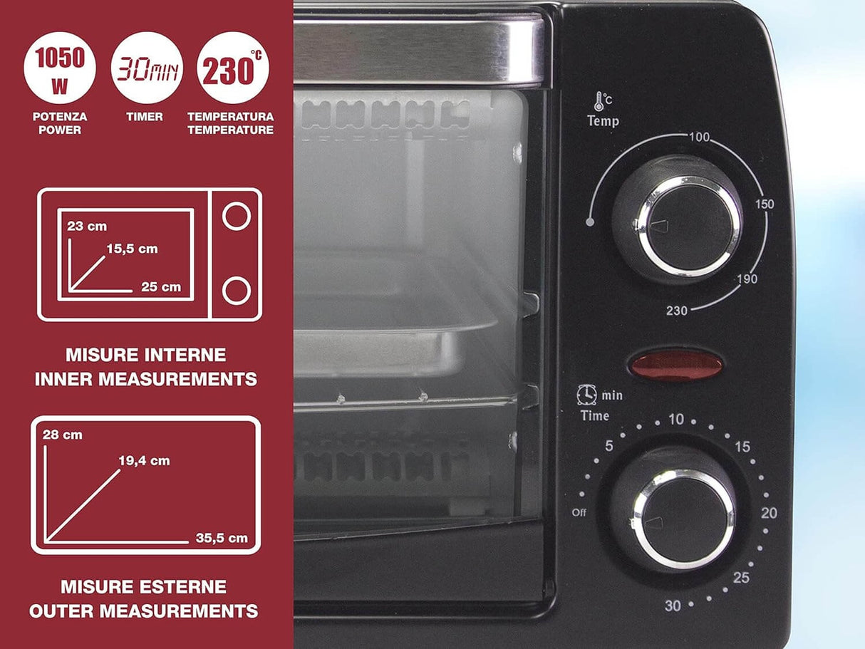 Beper 90.882 Elektrischer Mini-Ofen 12 L mit Quarz-Heizelementen, Timer und Temperaturregelung bis 230 °C, 1050 W