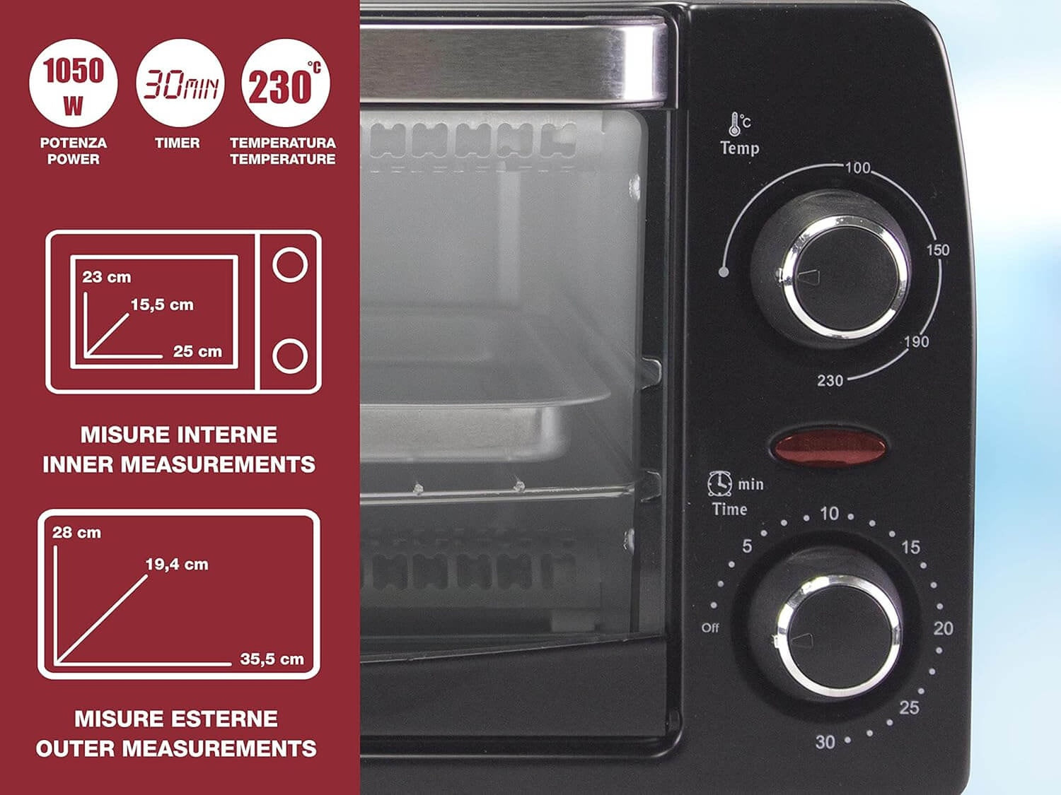Beper 90.882 Elektrischer Mini-Ofen 12 L mit Quarz-Heizelementen, Timer und Temperaturregelung bis 230 °C, 1050 W
