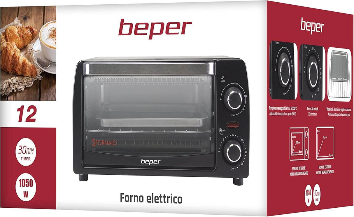 Beper 90.882 Elektrischer Mini-Ofen 12 L mit Quarz-Heizelementen, Timer und Temperaturregelung bis 230 °C, 1050 W