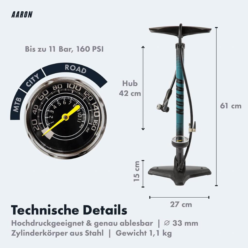 AARON Luftpumpe Sport One in Blau Fahrrad-Stand-Pumpe für alle Ventile mit Manometer