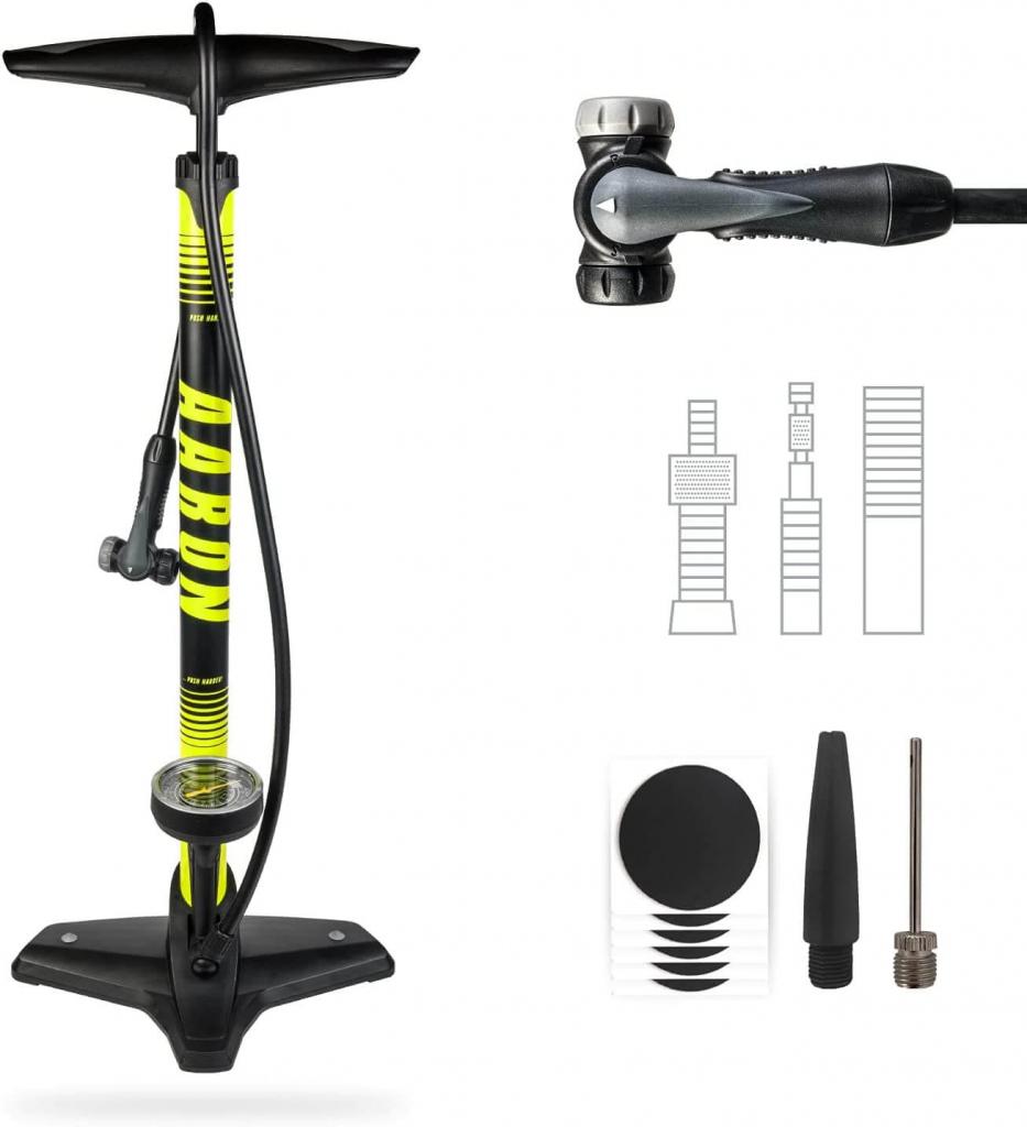 AARON Luftpumpe Sport One in Gelb Fahrrad-Stand-Pumpe für alle Ventile mit Manometer