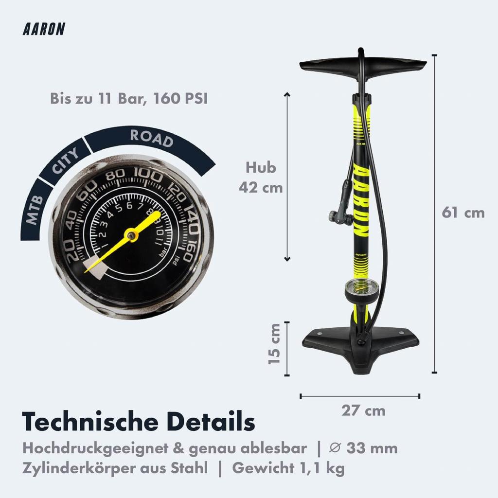 AARON Luftpumpe Sport One in Gelb Fahrrad-Stand-Pumpe für alle Ventile mit Manometer