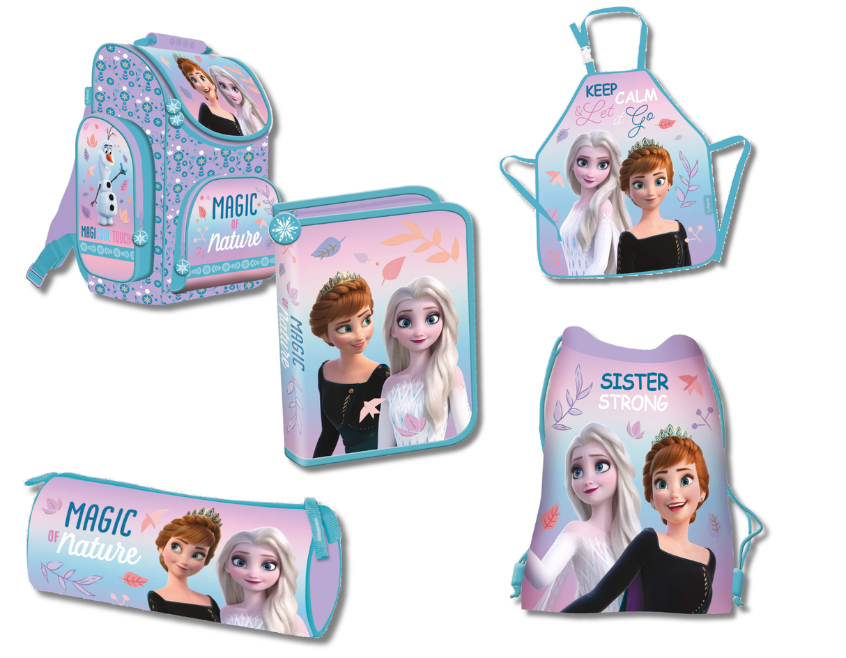 Schulranzenset Frozen – Vorderansicht – Komplettes Frozen-Schulranzenset mit allen enthaltenen Artikeln, Vorderseiten sichtbar.