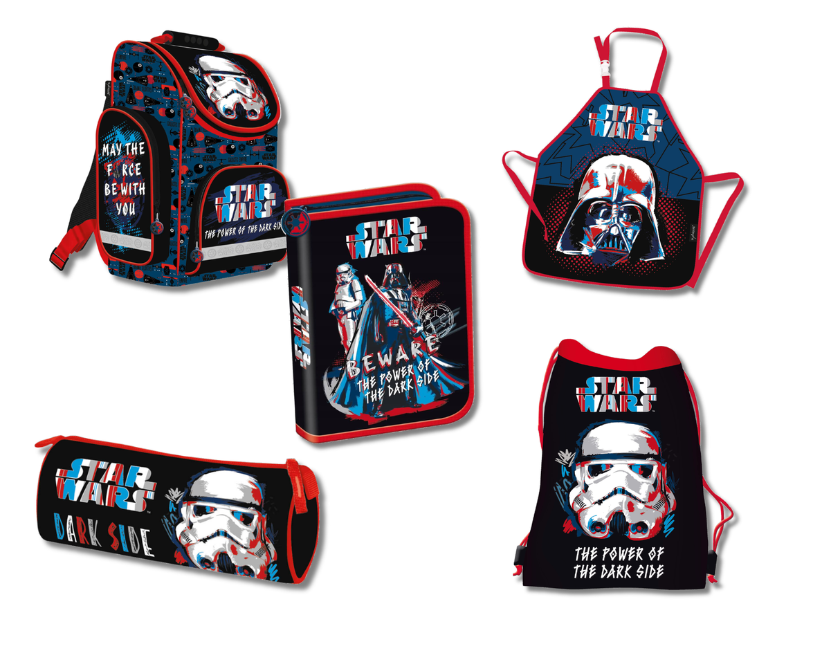 Schulranzenset Star Wars – Vorderansicht – Komplettes Star Wars-Schulranzenset mit allen enthaltenen Artikeln, Vorderseiten sichtbar.
