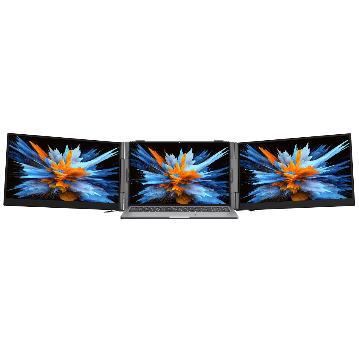 Frontale Perspektive des Blackview Dual-Screen Extenders. Das Notebook-Display wird von zwei identischen Full HD IPS Bildschirmen umgeben, was eine nahtlose, breite Arbeitsfläche schafft.