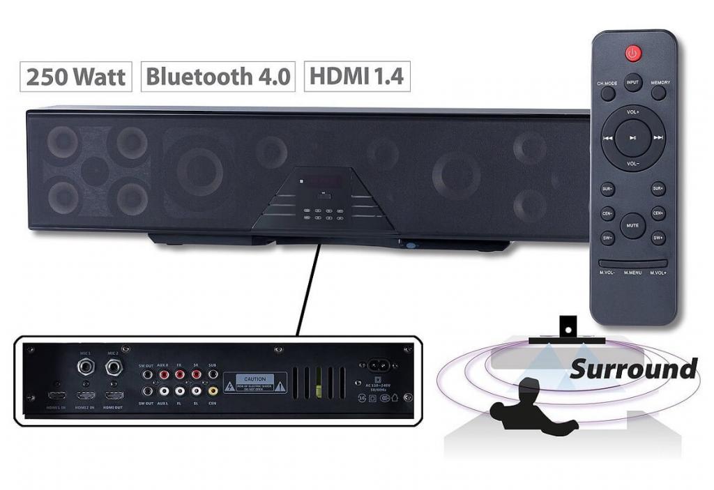 Auvisio 6-Kanal-3D-Soundbar 5.1-Surround-Sound Bluetooth 4.0, HDMI, 250 Watt, Lautsprecher Bar