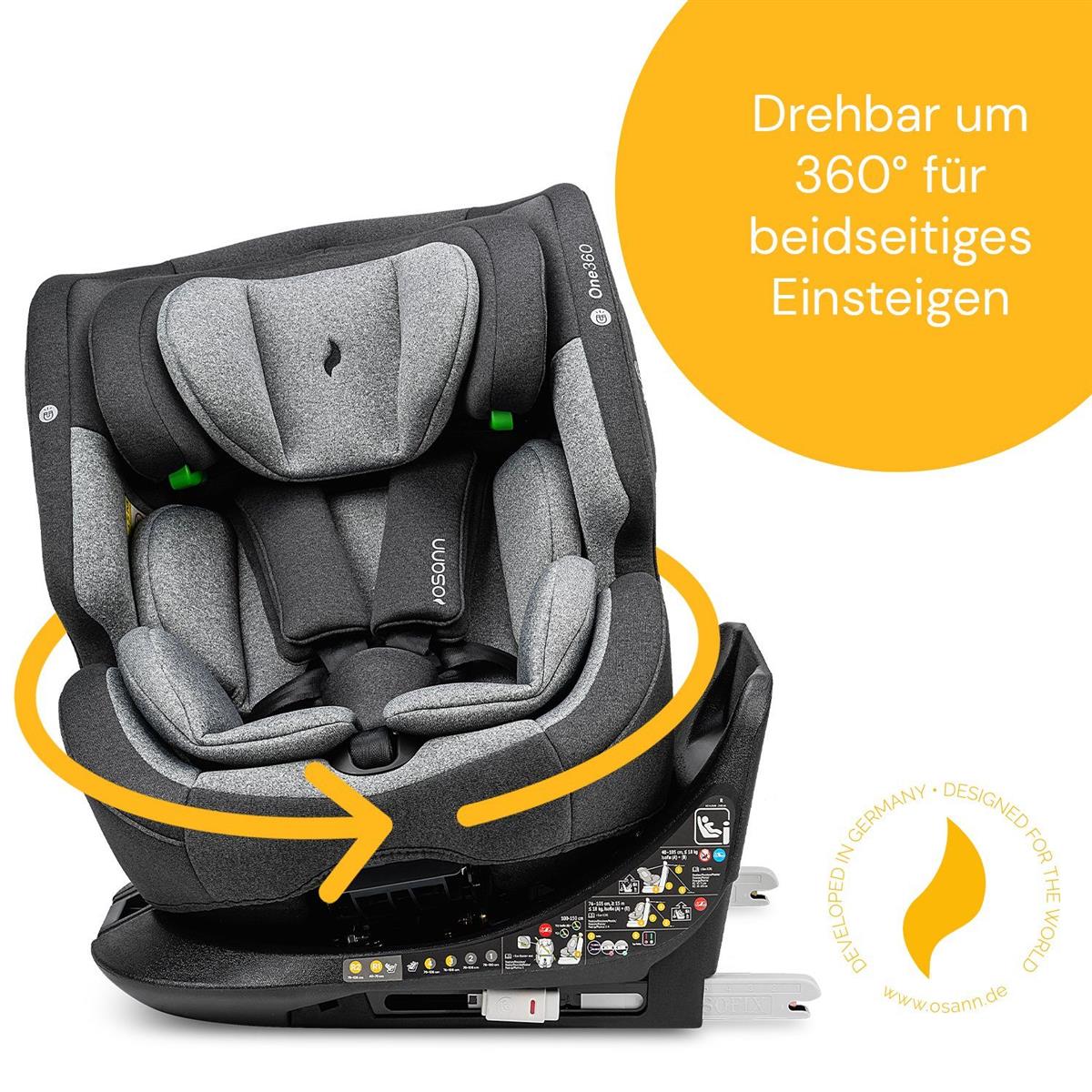 Osann One360° Kindersitz 40–150 cm – 360° drehbar, i-Size R129, Isofix & Top-Tether, Reboarder & vorwärtsgerichtet, 14-fach verstellbar – Universe Grey