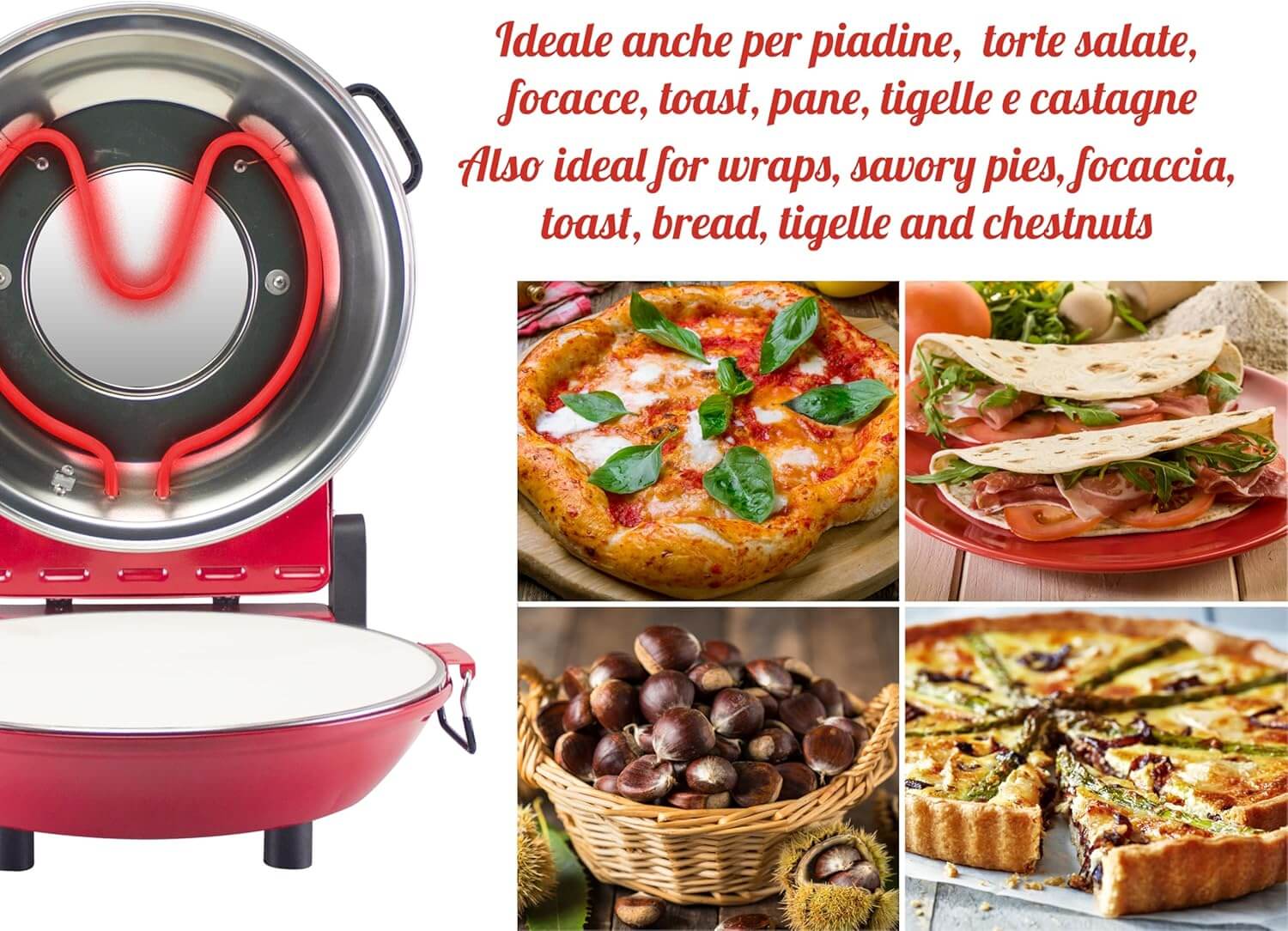 Beper P101CUD301 Pizzaofen mit Bullauge, 400°C, 31 cm Keramikplatte, 5 Kochstufen, 15-Minuten-Timer, wärmeisolierte Griffe, Edelstahlpaddel