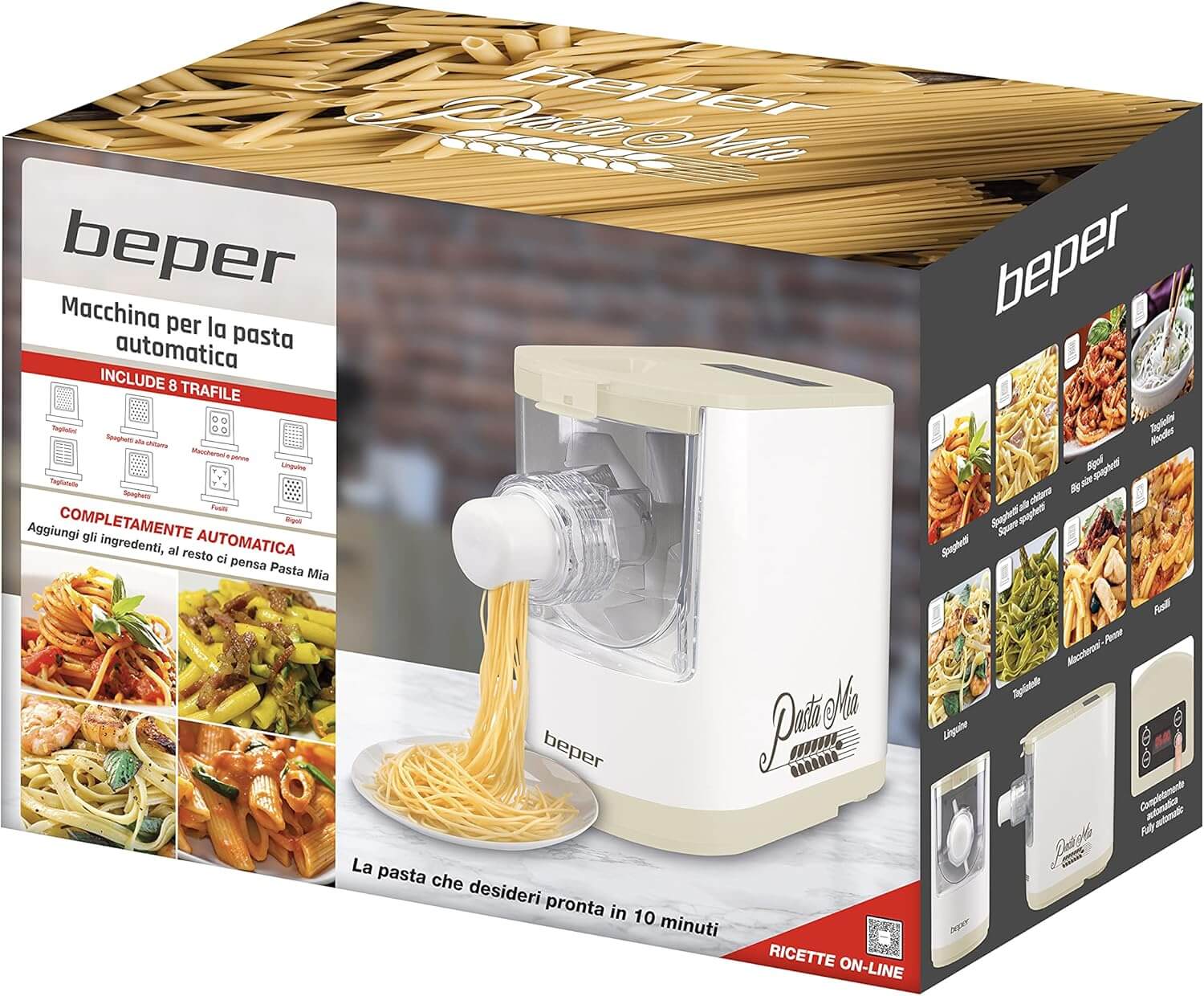 Beper P102SBA500 automatische Nudelmaschine, 9 Matrizen, 200W, für Hartweizen, glutenfreie & Eiernudeln, kompakt, einfach zu reinigen