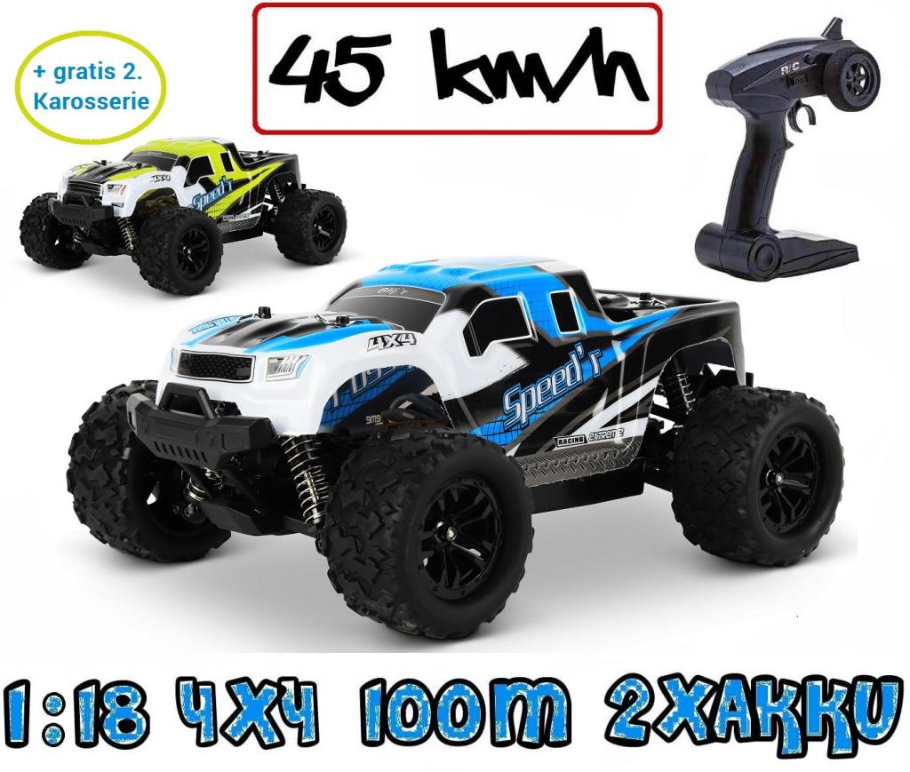 Blij´r Speed´r Blau ferngesteuertes RC Auto 45 km/h, 1:18, 2 Akkus, Allrad, 100m, Monstertruck