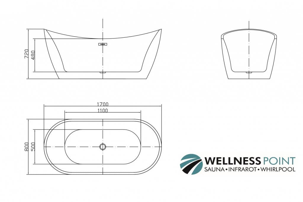 PureHaven freistehende Acryl-Badewanne 170x80 cm elegant inkl. Siphon Überlaufschutz leicht zu pflegende Oberfläche extra starker Rahmen Schwarz/Weiß