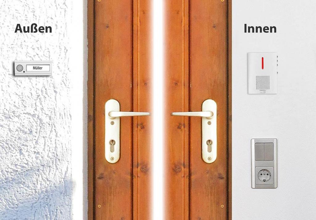 CASAcontrol FTK-120 Funkgong Funk-Türklingel mit Licht- & Ton-Signal, 100 m Reichweite, IPX4, weiß