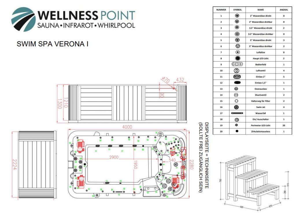 PureHaven Swim Spa 400x230x131 cm Gegenstromanlage und Swim Jets 21 Hydromassagedüsen UV-Wasseraufbereitung Ozondesinfektion Farblicht 4250 L