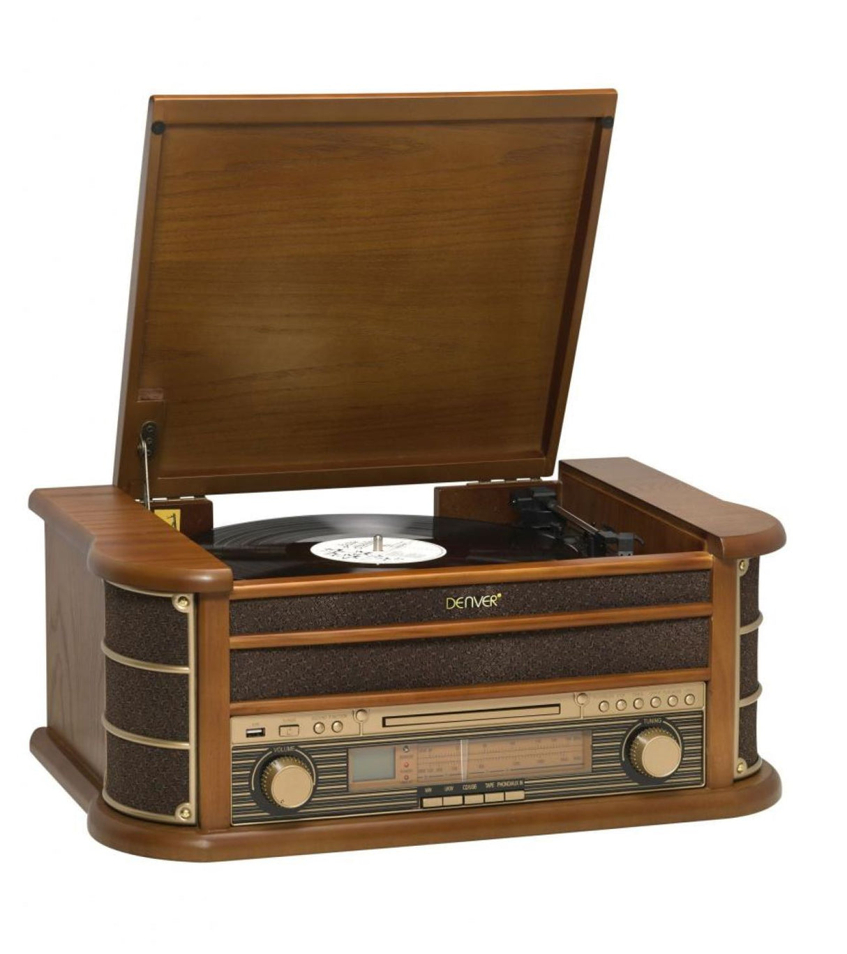 Denver MCR-50MK2 Retro Plattenspieler aus Holz mit Radio CD Kassette USB MP3 Soundbox