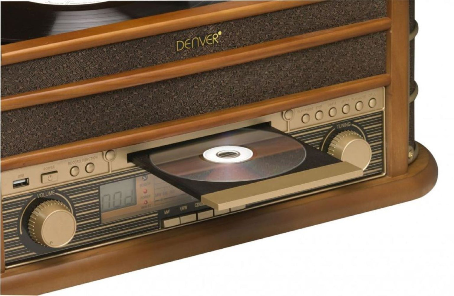 Denver MCR-50MK2 Retro Plattenspieler aus Holz mit Radio CD Kassette USB MP3 Soundbox