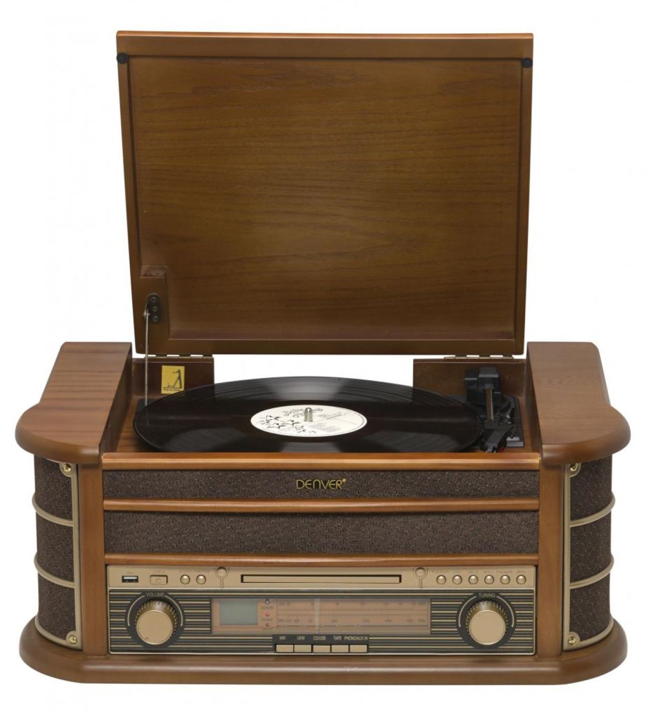 Denver MCR-50MK2 Retro Plattenspieler aus Holz mit Radio CD Kassette USB MP3 Soundbox