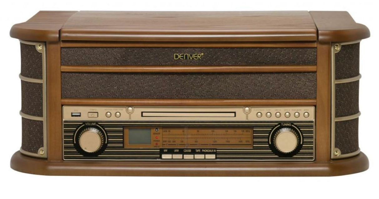 Denver MCR-50MK2 Retro Plattenspieler aus Holz mit Radio CD Kassette USB MP3 Soundbox