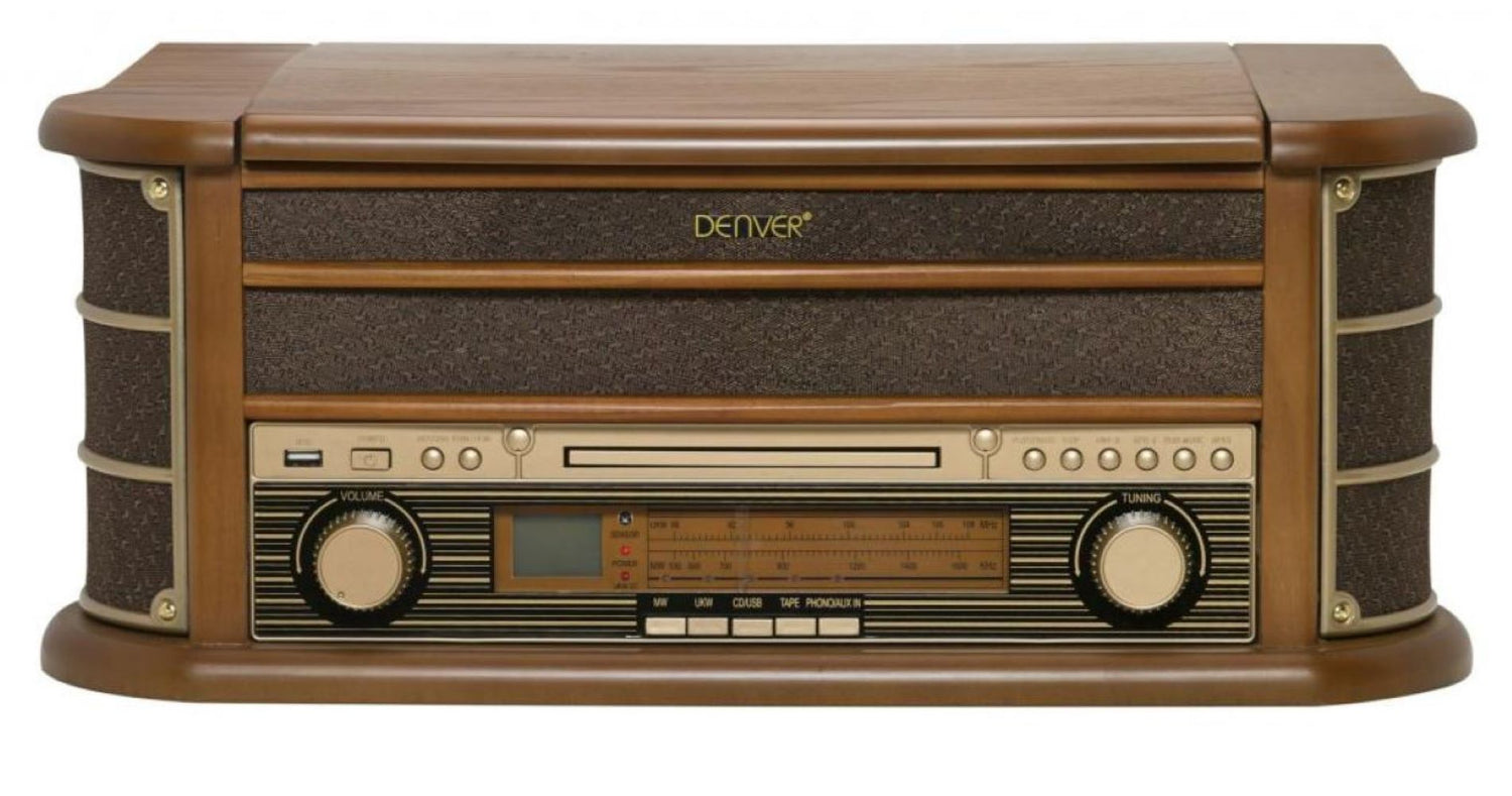 Denver MCR-50MK2 Retro Plattenspieler aus Holz mit Radio CD Kassette USB MP3 Soundbox