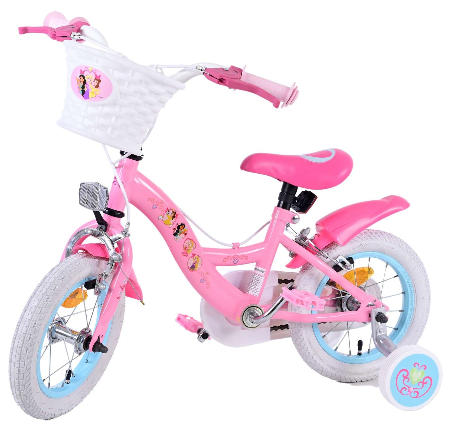 Volare Disney Princess 12 Zoll Kinderfahrrad Pink - Prinzessinnenfahrrad mit abnehmbaren Seitenrädern und 2 Handbremsen