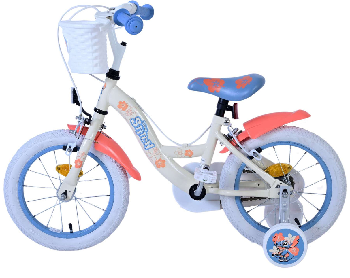 Volare Disney Stitch Kinderfahrrad - Mädchen - 14 Zoll - Creme Koralle Blau - Zweihandbremsen