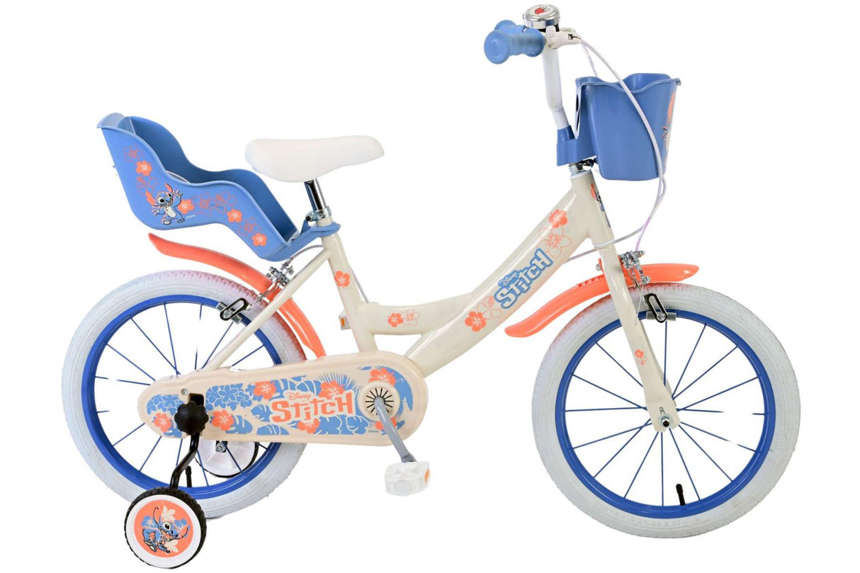 Volare Disney Stitch Kinderfahrrad für Mädchen - 16 Zoll in Creme Koralle Blau mit Handbremsen