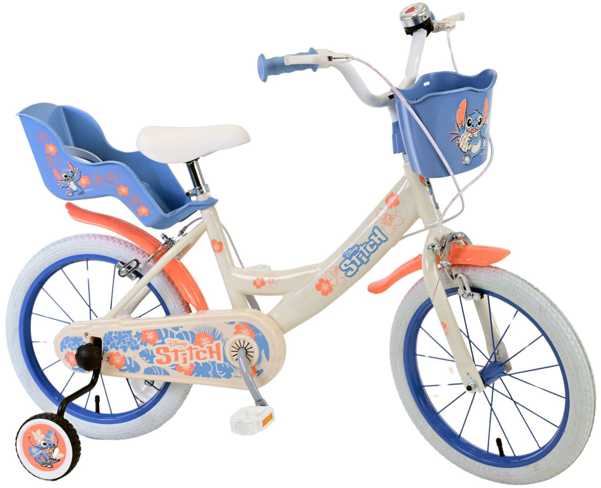 Volare Disney Stitch Kinderfahrrad für Mädchen - 16 Zoll in Creme Koralle Blau mit Handbremsen