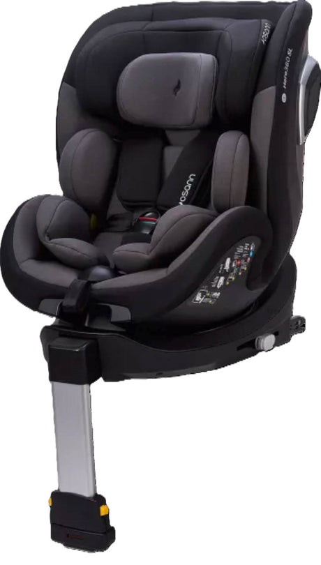 Osann Hero360 SL Kindersitz mit Isofix und Standfuß in Frontansicht, zeigt gepolsterte Sitzfläche, verstellbare Kopfstütze und 5-Punkt-Gurt, i-Size R129 zugelassen für 40–105 cm.