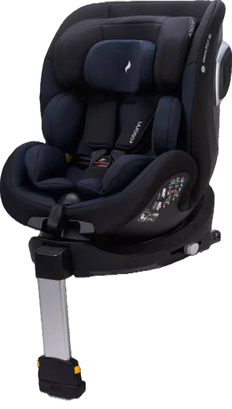 Osann Hero360 SL Kindersitz mit Isofix und Standfuß in Frontansicht, zeigt gepolsterte Sitzfläche, verstellbare Kopfstütze und 5-Punkt-Gurt, i-Size R129 zugelassen für 40–105 cm.