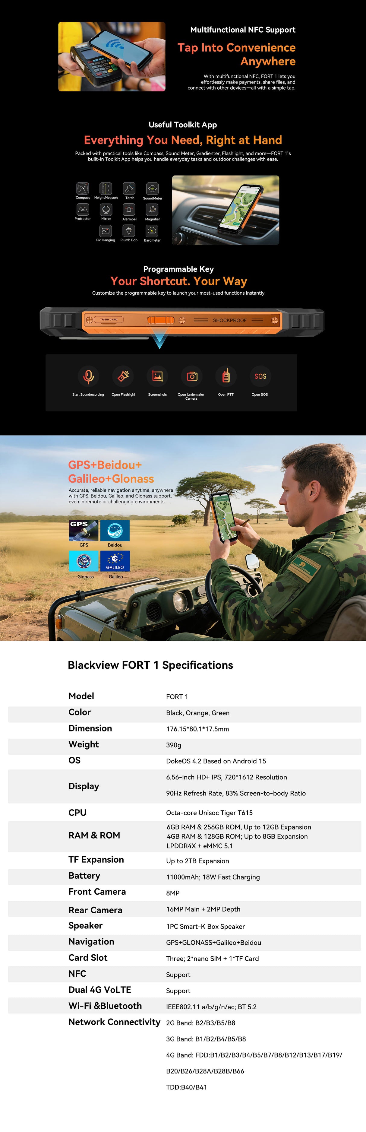 Blackview FORT 1 Outdoor Smartphone 4/128 & 6/256GB, Android 15, 6,56" HD+ IPS, 10000mAh, Dual 4G LTE, 16MP+8MP, Dual SIM, NFC, FM, OTG