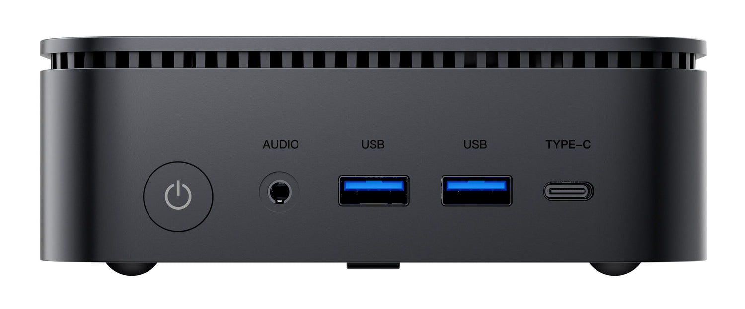Blackview MP100 Mini PC – Frontale Ansicht mit 2 USB-C und USB 3.2 Ports sowie der Power Taste