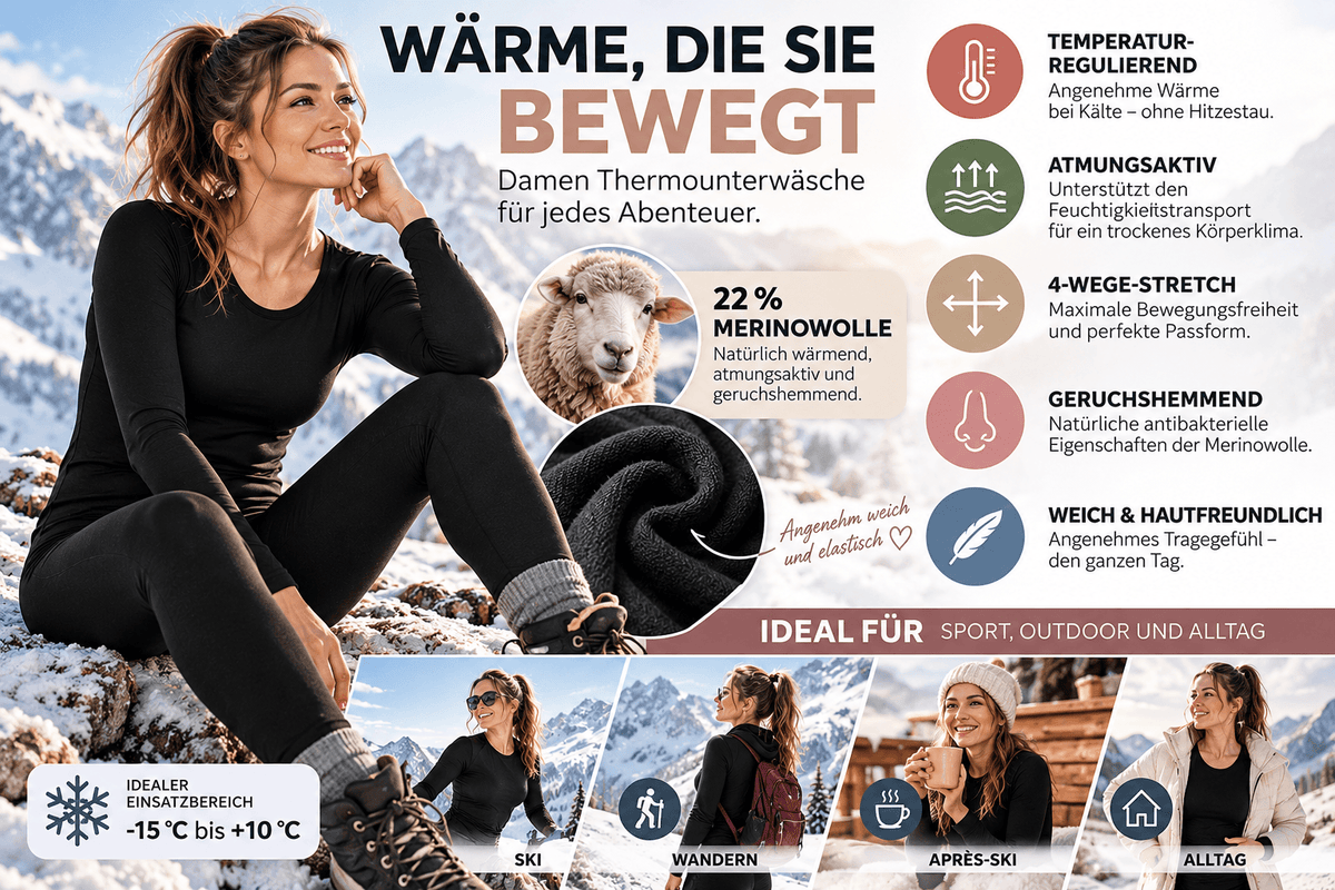 Gaubert Damen Thermounterwäsche Set Merino-Mix Schwarz M-2XL Ski Outdoor