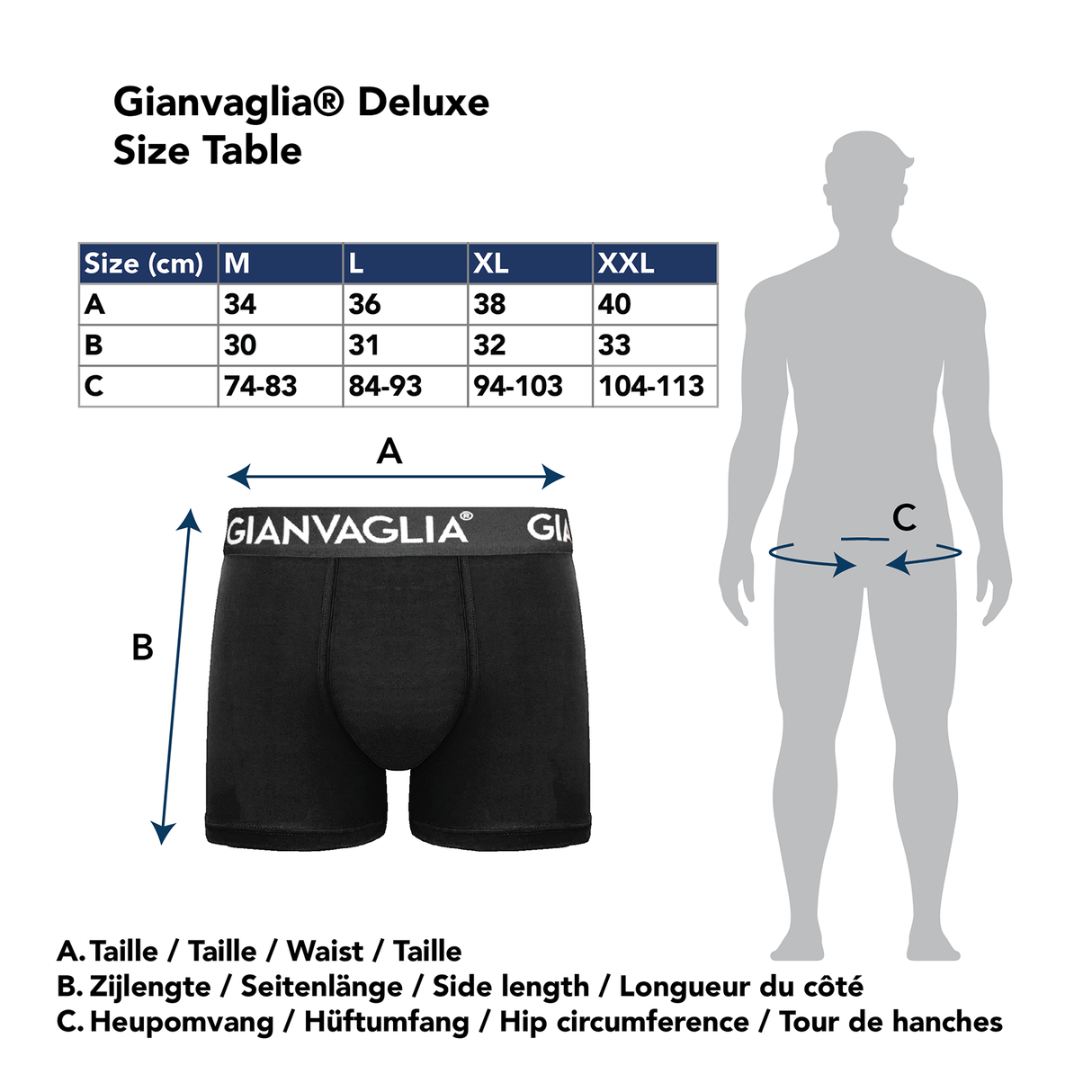 GAINVAGLIA Boxershorts Größentabelle mit Maßen