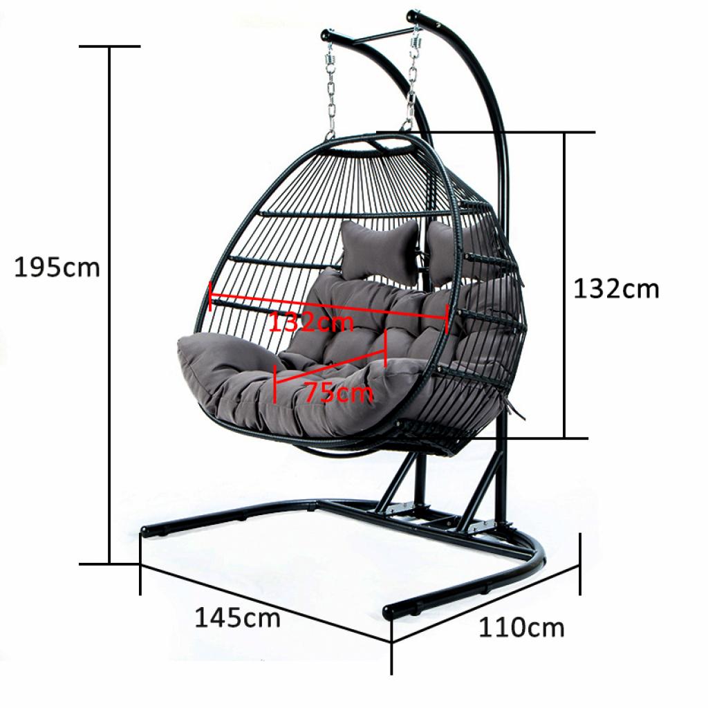 PureHaven Hängesessel für 2 Personen 130x120x200 cm Rattan-Kunststoffgeflecht mit Kissen wasserfest strapazierfähig gefederte Aufhängung grau/schwarz