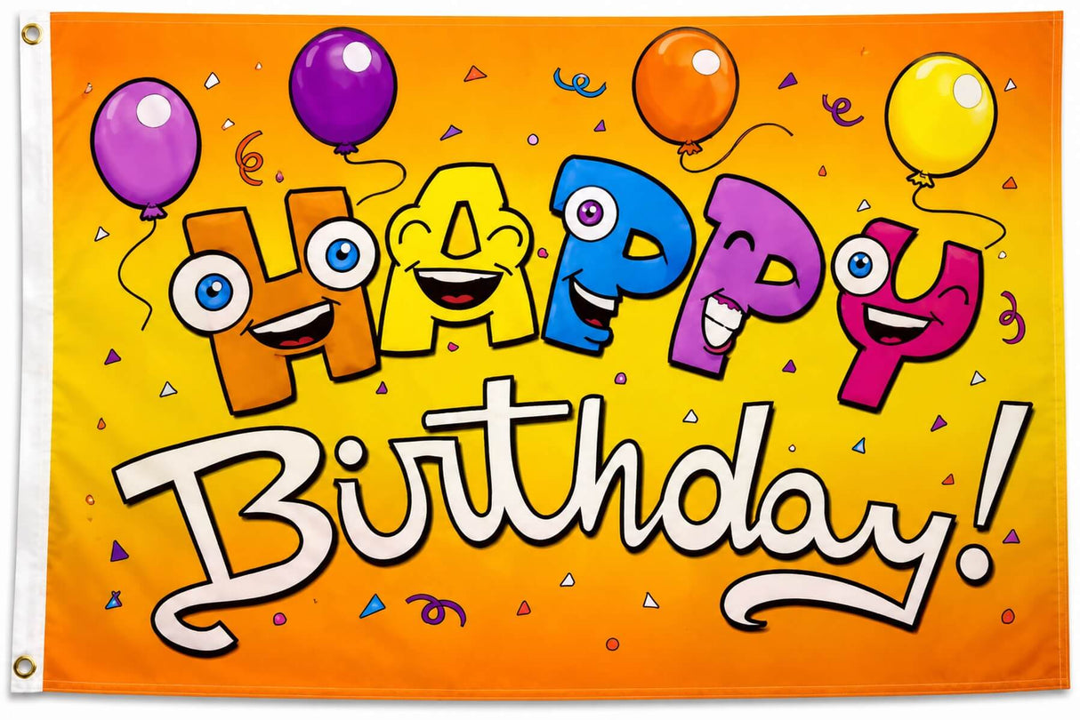 Flagge Happy Birthday mit Augen und Ballons 90x150 cm mit 2 Ösen
