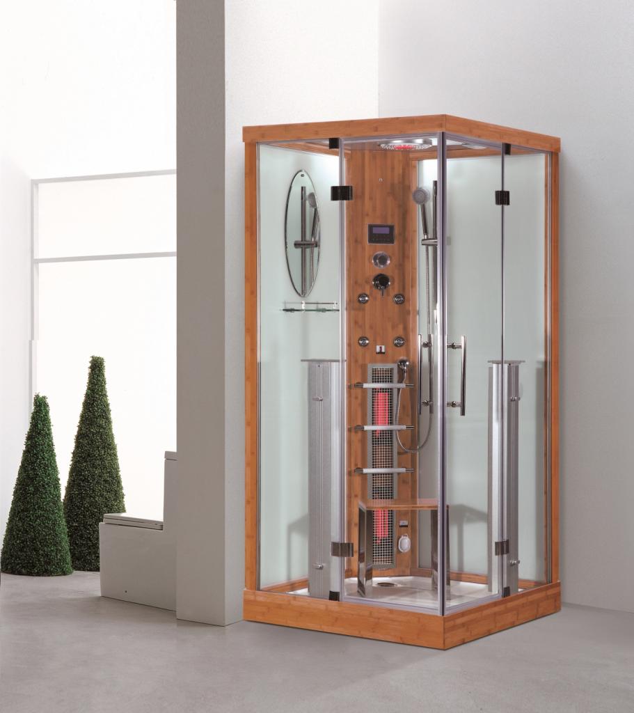 PureHaven 2in1 Dampfdusche & Infrarotsauna 100x100x215 cm Aluminiumrahmen komplettem Zubehör Tropenbrause Sitzfläche Radio Massagefunktion holzfarben