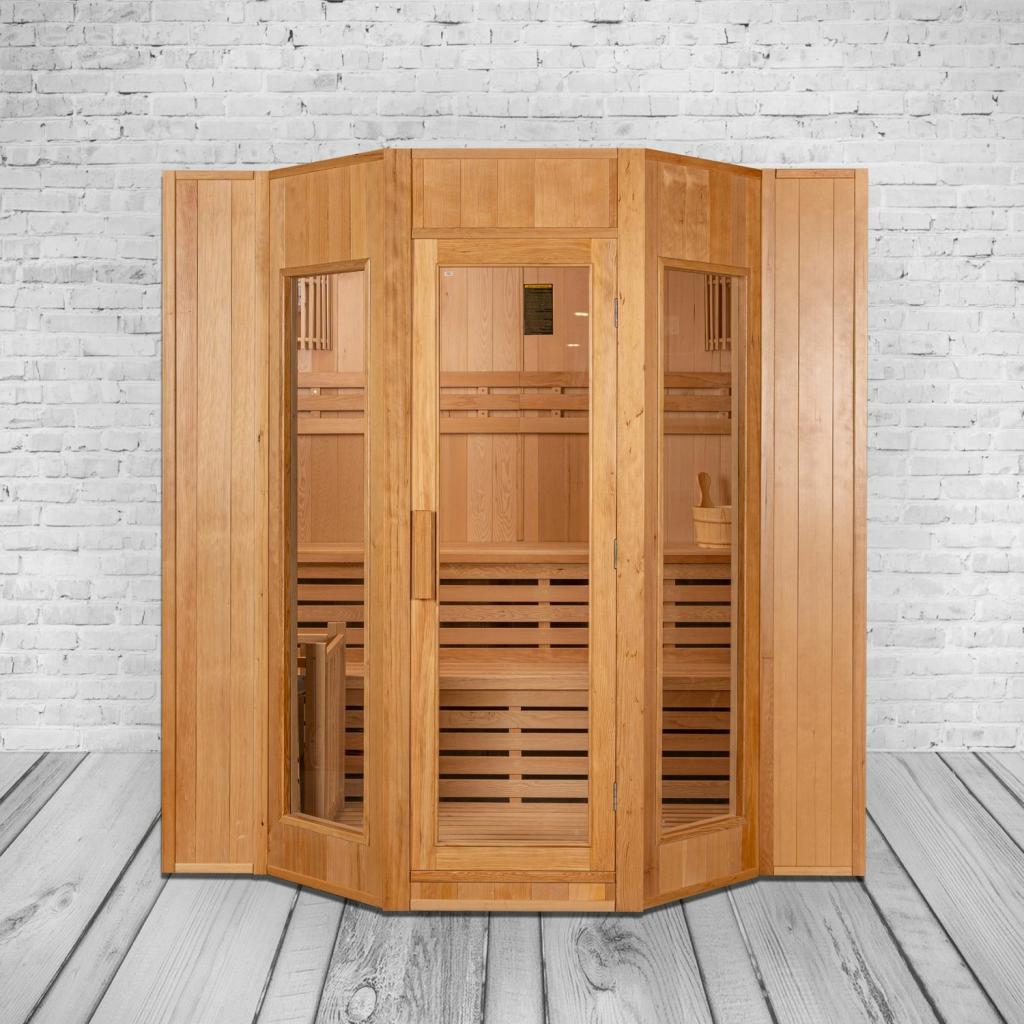 PureHaven Finnische Sauna 175x200x200 cm Harvia Saunaofen für 4 Personen Hemlockholz komplettes Zubehör Saunasteine Glastür Thermometer Beleuchtung
