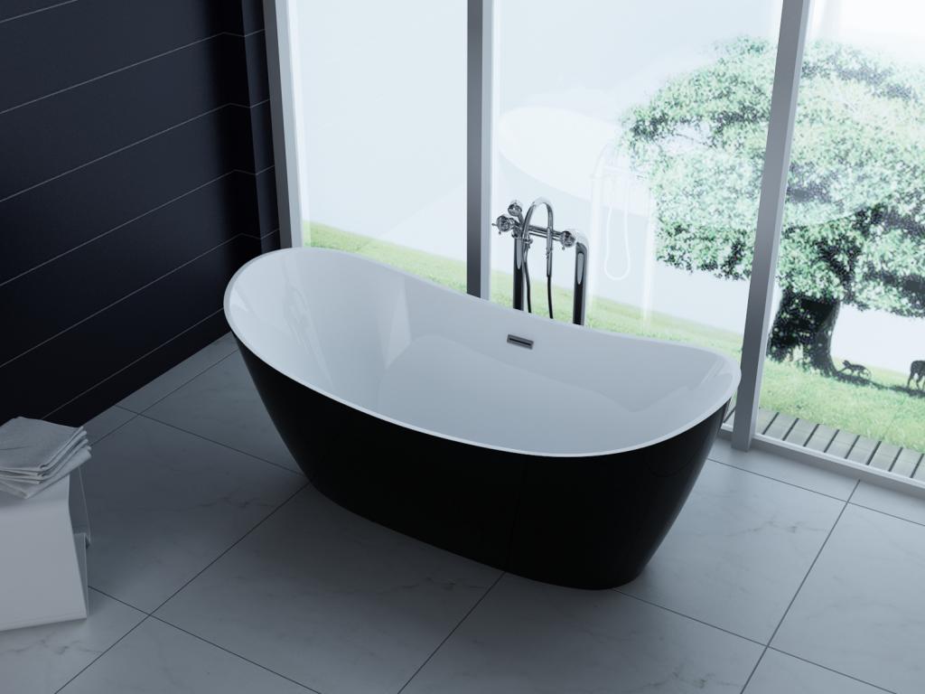 PureHaven freistehende Acryl-Badewanne 170x80 cm elegant inkl. Siphon Überlaufschutz leicht zu pflegende Oberfläche extra starker Rahmen Schwarz/Weiß