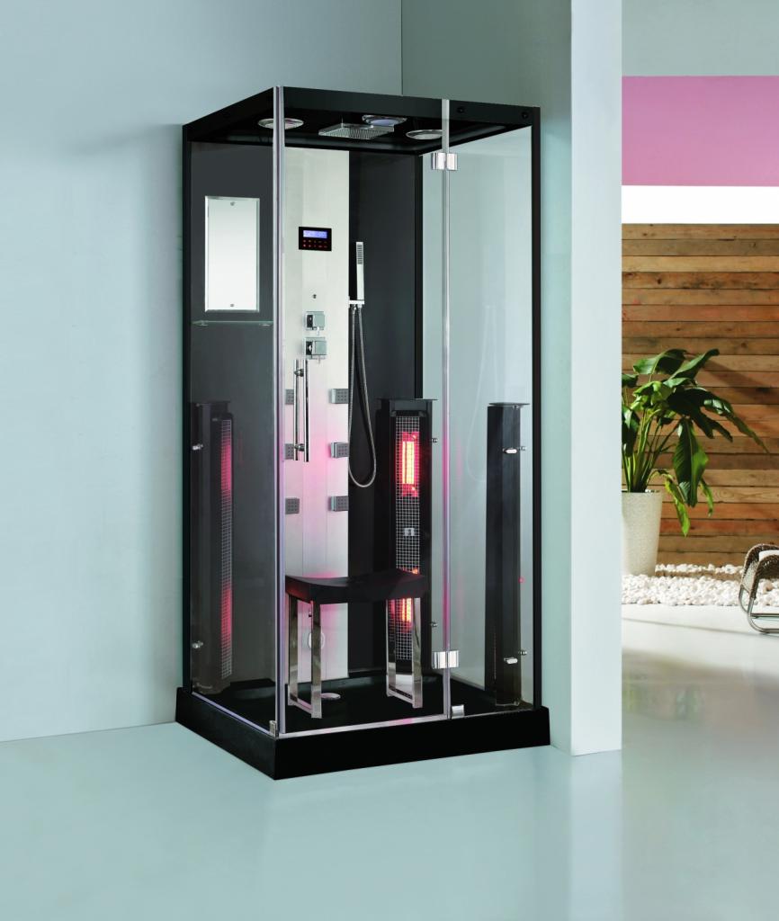 PureHaven 2in1 Dampfdusche und Infrarotsauna 100x90x215 cm Aluminiumrahmen komplettem Zubehör Tropenbrause Sitzfläche Radio Massagefunktion Schwarz