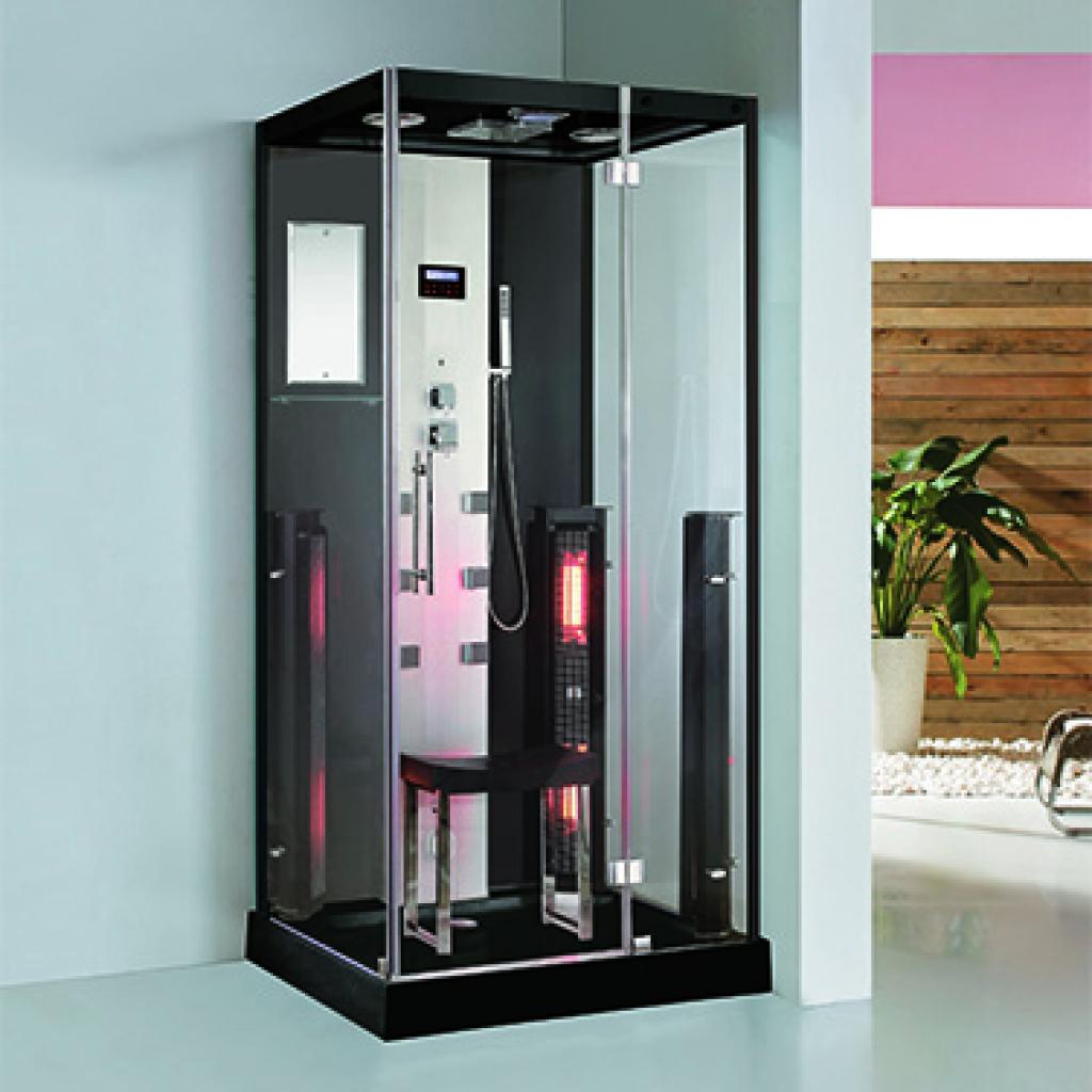 PureHaven 2in1 Dampfdusche und Infrarotsauna 100x90x215 cm Aluminiumrahmen komplettem Zubehör Tropenbrause Sitzfläche Radio Massagefunktion Schwarz