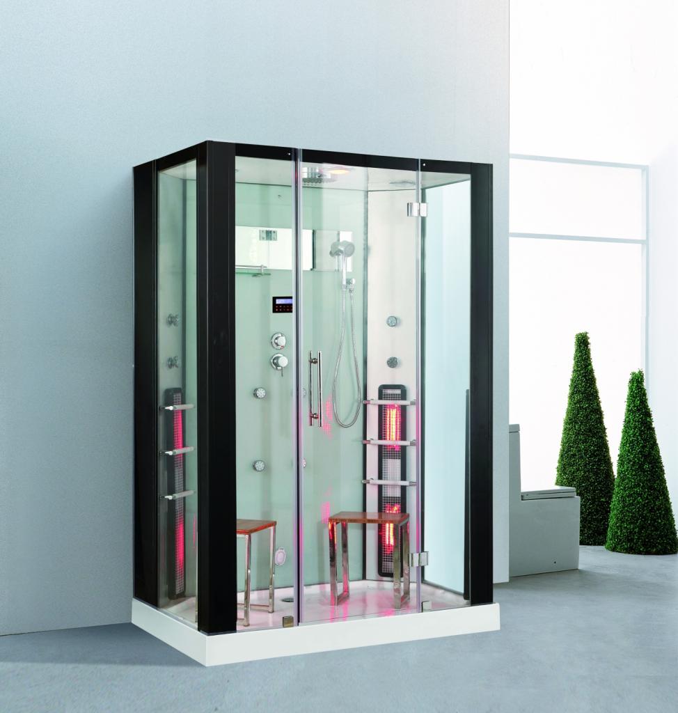 PureHaven Dampfdusche und Infrarotsauna 145x90 cm mit Aluminiumrahmen komplettem Zubehör Tropenbrause Sitzfläche Radio Massagefunktion Schwarz/Weiß