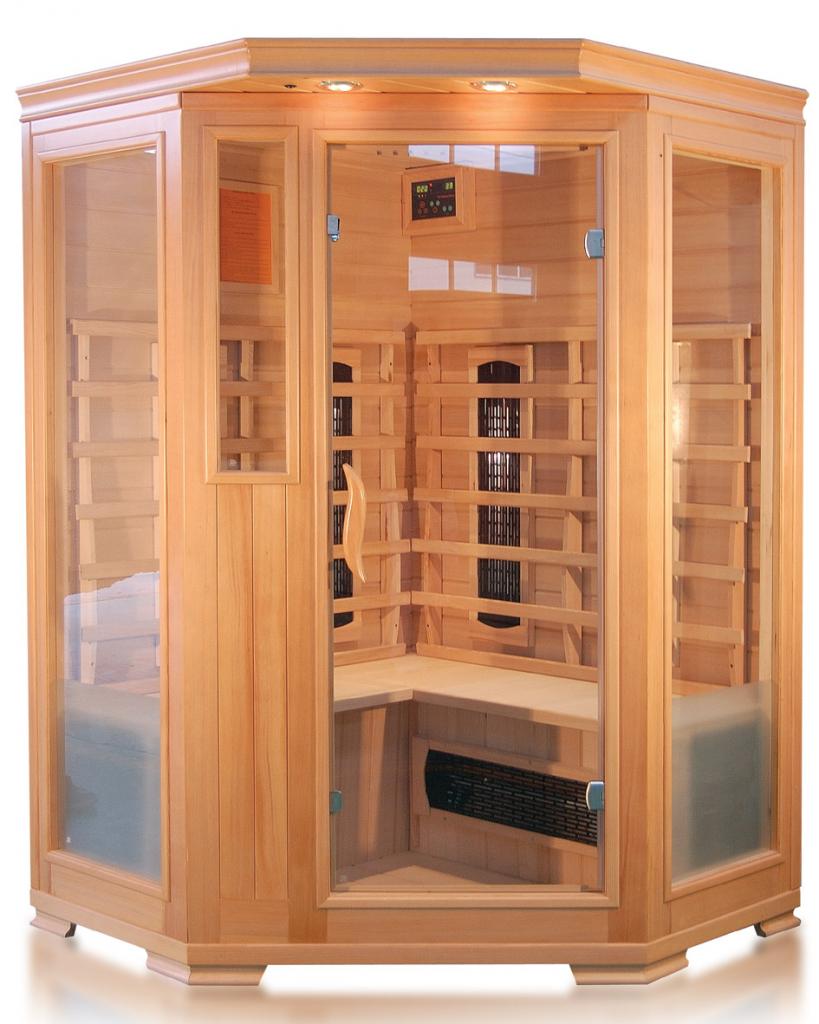 PureHaven Infrarotkabine 120x120x190 cm aus kanadischem Hemlock-Holz Bluetooth-Soundsystem Timer Lichttherapie in 4 Farben digitale Steuerung