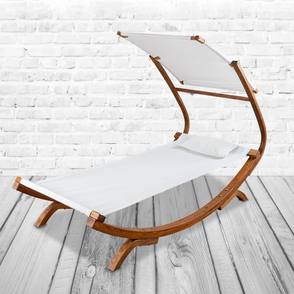 PureHaven Loungebett mit Sonnendach 220x84x135cm für 1 Person massiv Holzrahmen Kopfkissen Gartenliege langlebig witterungsbeständig Farbe Creme
